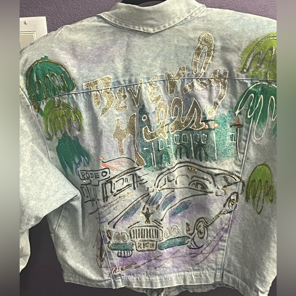 RIO Beverly Hills airbrushed glitter crystals bolero crop jean denim jacket 1990 - Picture 6 of 11